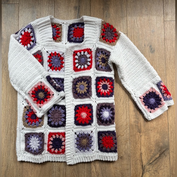 hand crocheted Sweaters - Crochet Granny Square Knit Oversized Cardigan Sweater Bode Inspired Medium/Large